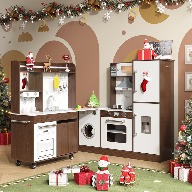 Grands ensembles de cuisine de coin en bois avec lumières et sons réalistes, machine à glaçons, évier, cuisinière, ensemble de cuisine de jeu de rôle créatif pour les enfants de 3 ans et plus (brun et blanc)