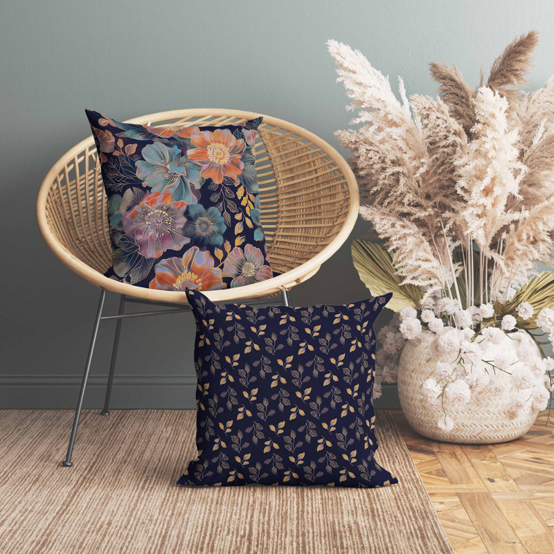 Coussin Painted Petalscape, Carré 20 po, Bleu / orange / marine