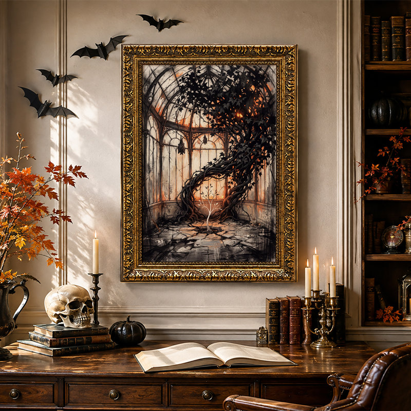 Vignes sombres et entrelacées et arbre lumineux dans une toile murale gothique d'Halloween, H 30 po x l 20 po