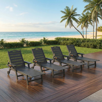 Chaise longue d'extérieur ajustable surdimensionnée en PEHD à 5 positions avec roues porte-gobelets, chaise longue portative inclinable pour terrasse, bord de piscine, pelouse, jardin, cour (ensemble de 4)