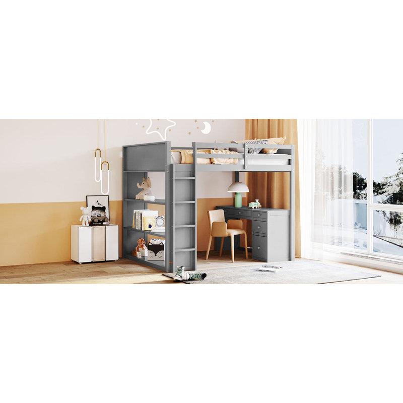 Lit mezzanine avec tablettes et bureau, Double, Gris