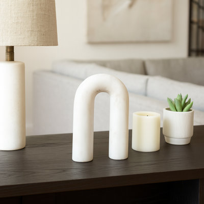 Decorative Rounded Horseshoe Sculpture Object for Tabletop Decor - Modern Marble Accessory Accent for Living Room or Home Decoration - White