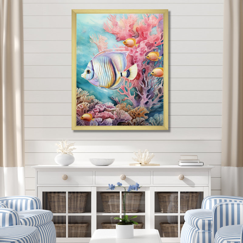 «Beautiful Pink and Blue Butterflyfish I», reproduction sur toile, Cadre doré simple, H 20 po x l 12 po x P 1 po