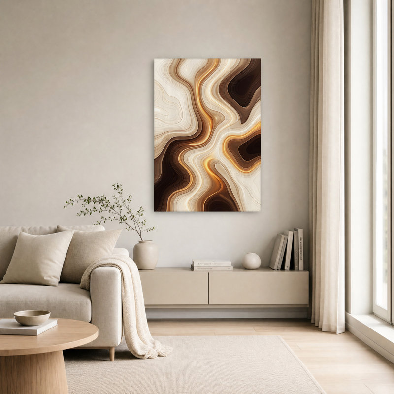 Tableau abstrait à couches ondulées beiges et dorées sur toile, H 18 po x l 12 po