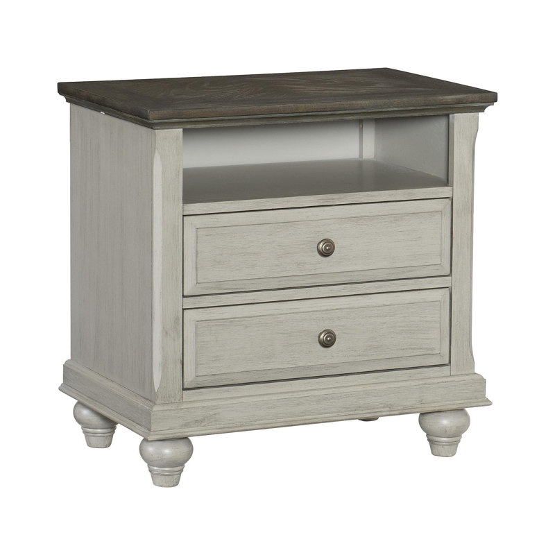 Table de chevet classique à finition grise 1 pièce avec 2 tiroirs et rangement avec plateau brun foncé
