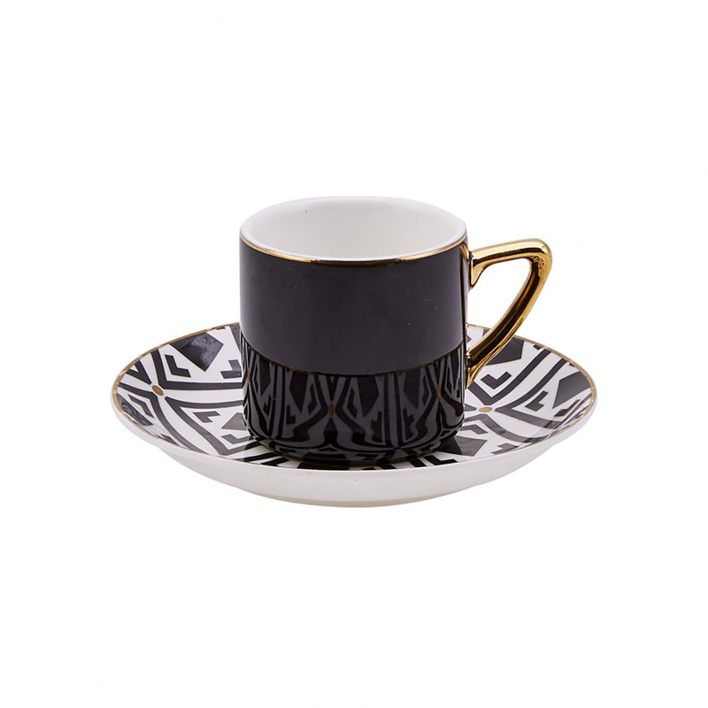 Karaca Monochrome Porcelain Espresso Turkish Coffee Cup, 90ml, Black White Gold