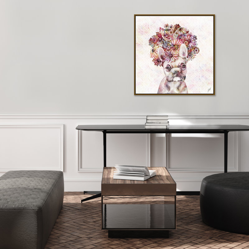 «Dog Floralista II» par Jackie Von Tobelisan - peinture sur toile, H 31,75 po x l 31,75 po, Image au pinceau gel