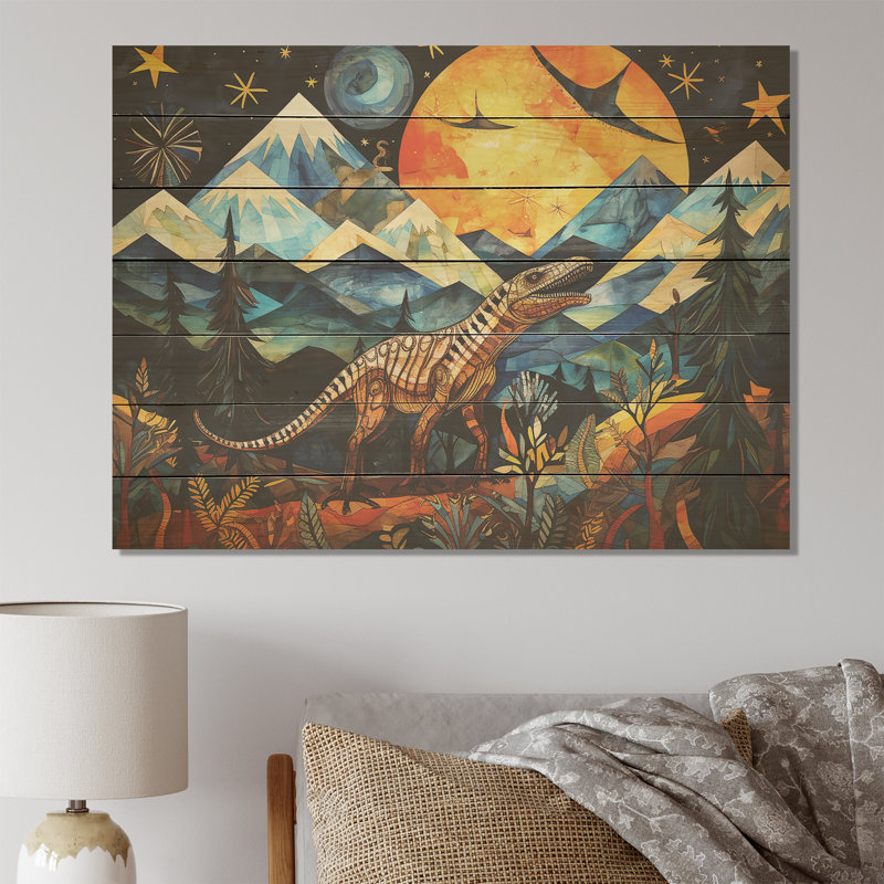 Ancienne légende des dinosaures II - dinosaure sur bois, H 34 po x l 44 po x P 0,78 po