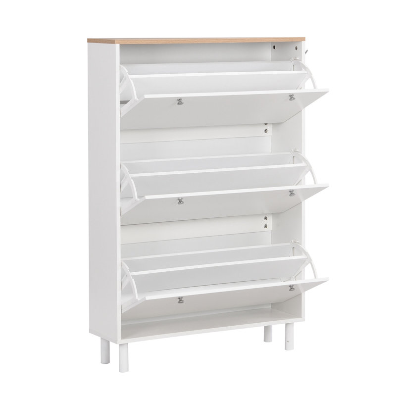 Rangement pour chaussures de couloir avec 3 tiroirs et pieds cylindriques avec panneau ajustable blanc froid, plateau en grain de bois pour l'entrée, compartiment à crochets