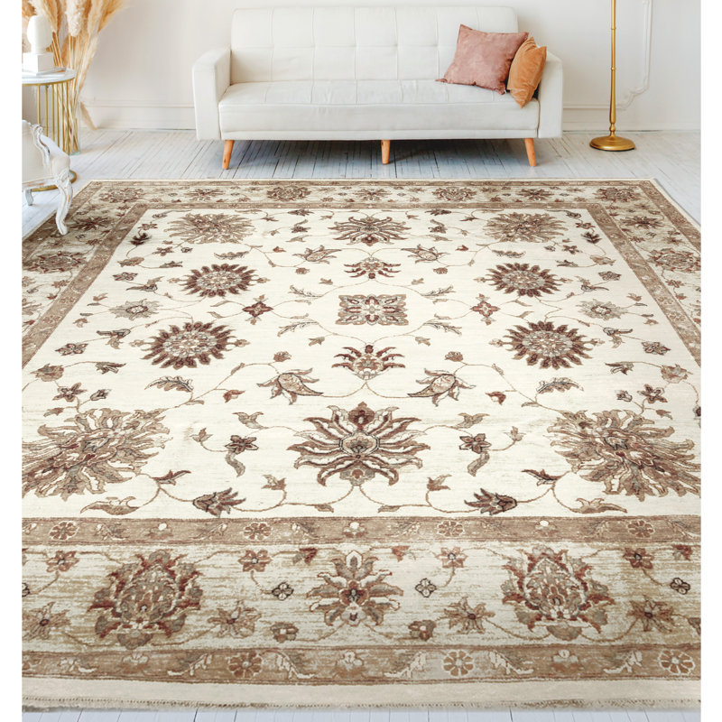 Tapis ivoire et doré de qualité supérieure noué à la main