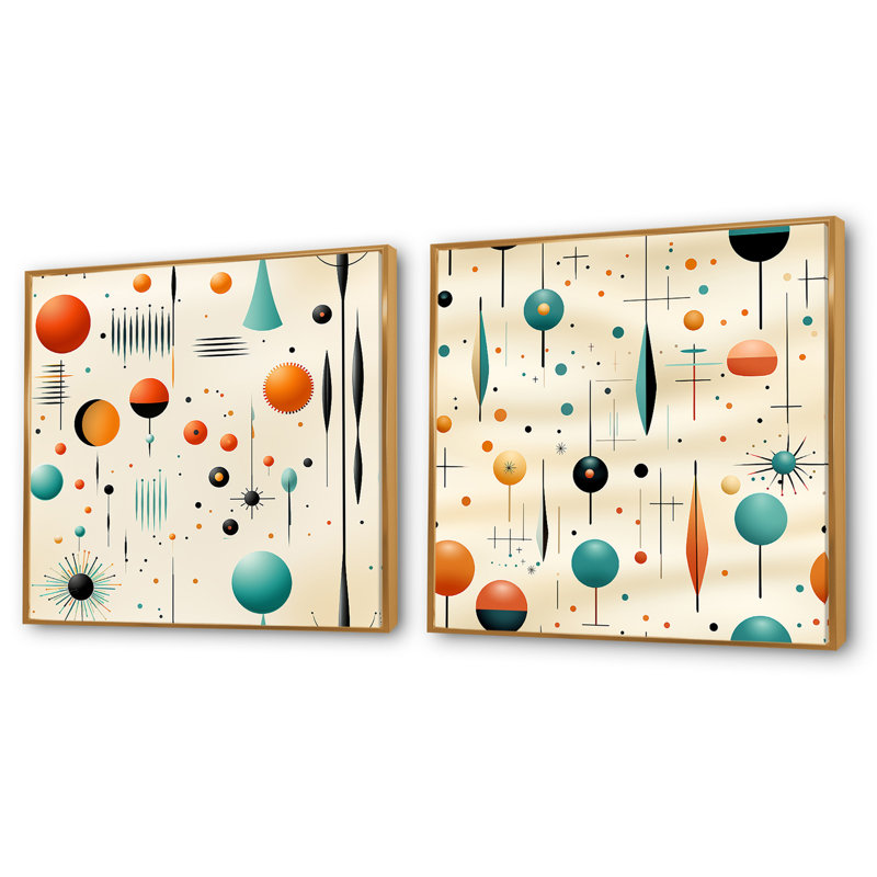 Matrice géométrique moderne rétro beige - ensemble de 2 collages de formes abstraites carrées, Cadre flottant doré