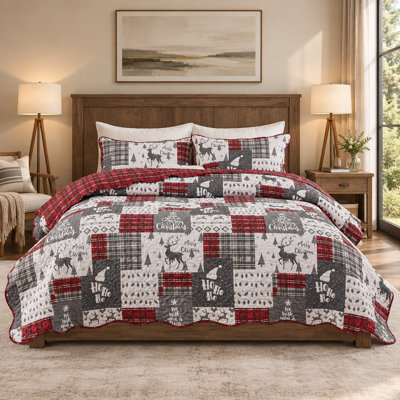Ensemble de courtepointe en patchwork de Noël avec motifs de rennes, flocons de neige, sapins et carreaux, literie légère en microfibre à bords festonnés