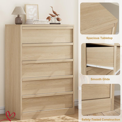Commode 5 tiroirs moderne pour chambre à coucher 5 tiroirs blanc antique / naturel 43 po de hauteur avec grand espace de rangement