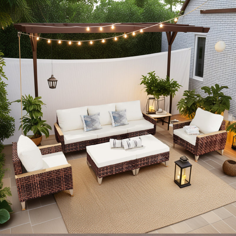 Ensemble de meubles de terrasse en rotin évidé à pieds hauts, 5 pièces, 7 sièges, ensemble de canapé avec coussin, coussin épais de 4 pouces, blanc