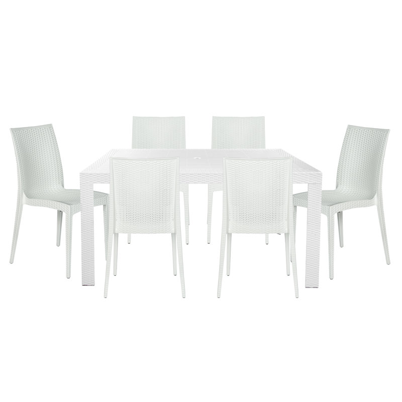 7-Piece Outdoor Dining Set Rectangular Dining Table with Umbrella Hole and 6 Dining Side Chairs, White, White