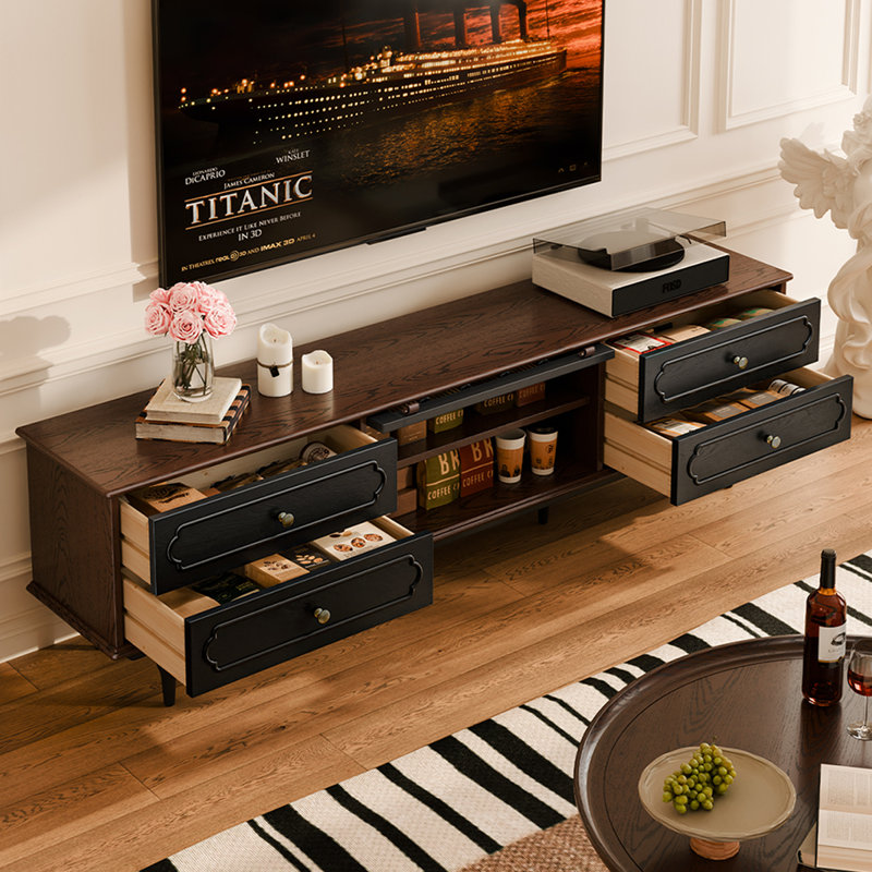 Meuble télé rétro en bois massif noir, H 21,93 po x L 78,74 po x l 15,75 po
