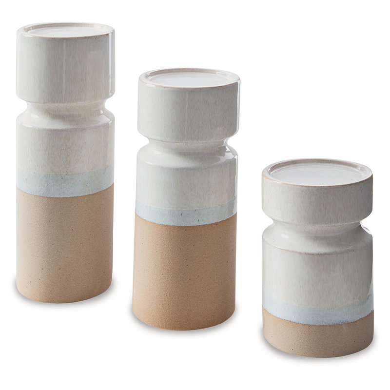 Beige and White Glazed Ceramic Candle Holders Set of 3