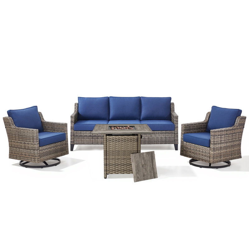 Ensemble de conversation pour foyer d'extérieur en osier 4 pièces avec foyer carré et planeurs pivotants Maelie, Bleu