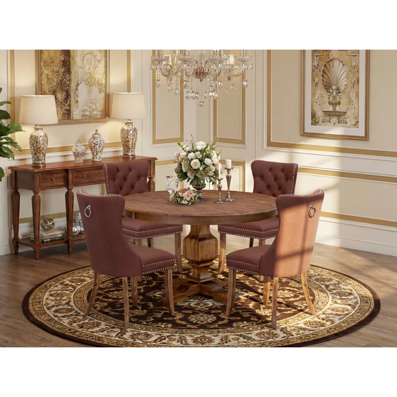 5-Pc Dining Room Set Include a Round Table and 4 Burgundy Polyester Fabric Upholstered Chairs with Button-Tufted Back, Antique Walnut