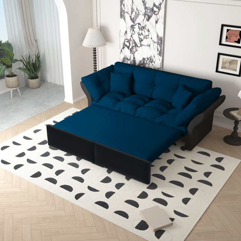 Grand lit convertible en velours 3 en 1 de 74,8 po, 2 coussins moelleux, conception compacte et compacte, Bleu