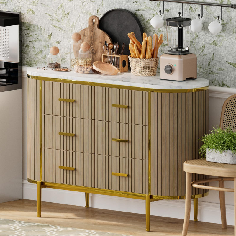 Commode à 6 tiroirs cannelée, commode en bois de style Mid-Century moderne de 47,2 po de largeur avec poignées dorées pour garde-robe de chambre à coucher