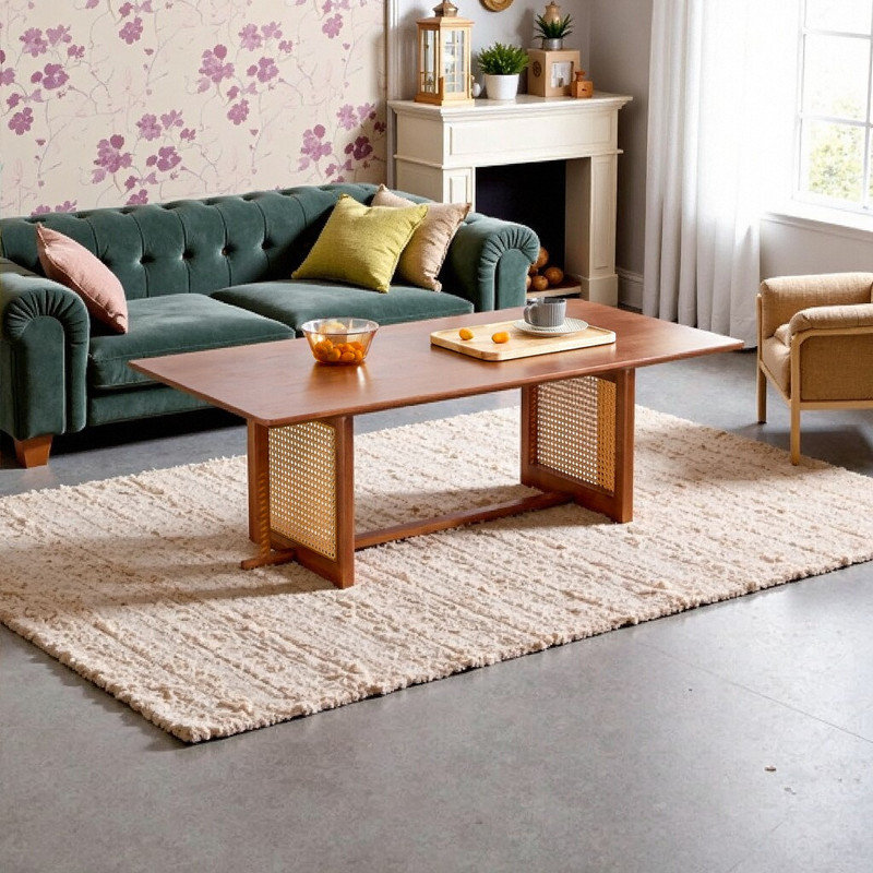 Table basse rectangulaire en bois massif avec accent de rotin profil bas 45,3 pouces