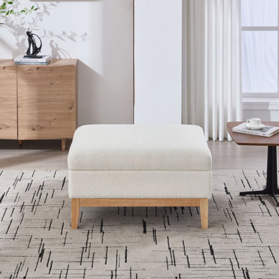 33.86"W Upholstered Wood Base Storage Ottoman With Reversible Lid Coffee Table, Foot Stool Square Footrest With Rubberwood Legs For Living Room Bedroom Entryway And Office, Boucle.