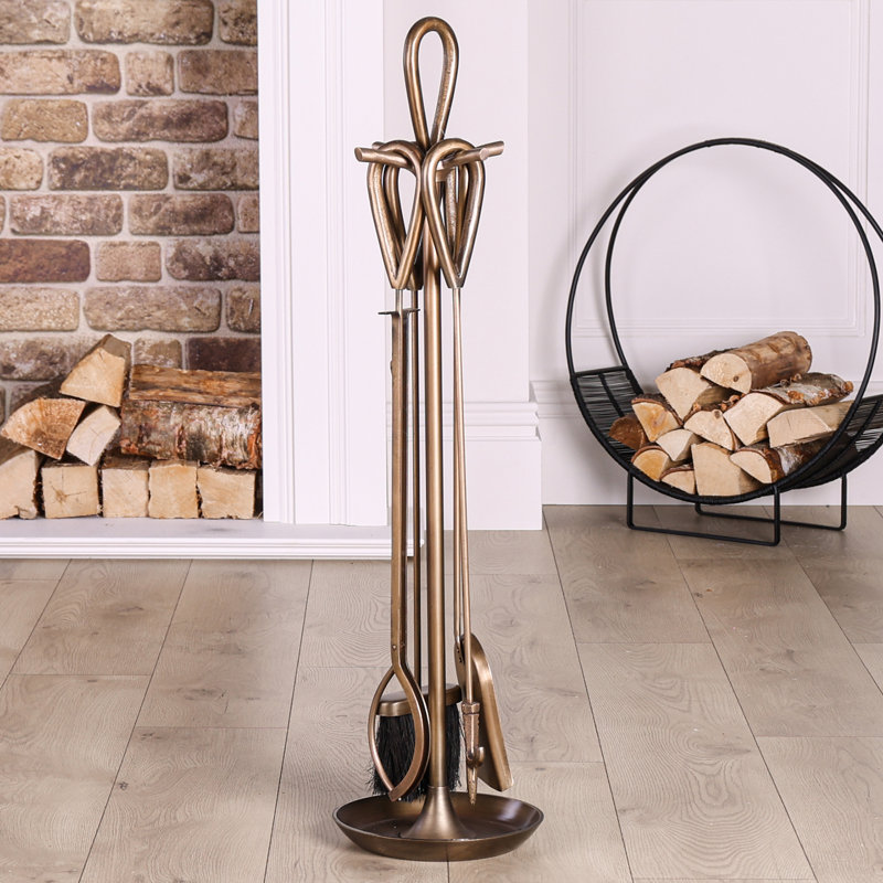 Alexeis Iron Fireplace Tool Set, Brass Antique