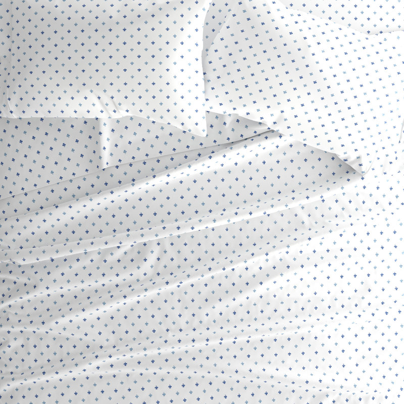 Gray and Blue Fleur De Lis Queen Sheet Set