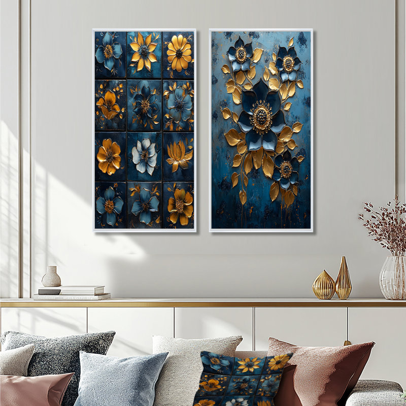 Ensemble de 2 pièces de coquelicots bleues du Rajasthan royal I - Poppies, H 40 po x l 40 po, Cadre flottant blanc