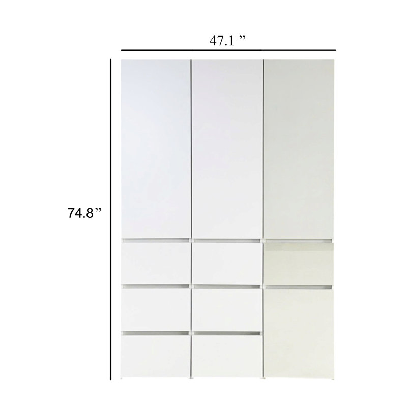 Ely Closet Cabinet Set, Mirrored Front, 7 Drawers, 75 Inch, White Wood