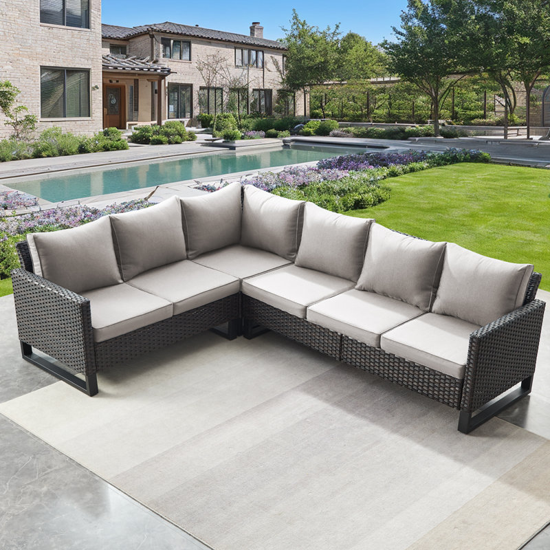 Nazime 105.1" Wide Outdoor Wicker Patio Sectional with Cushions, Beige, Brown