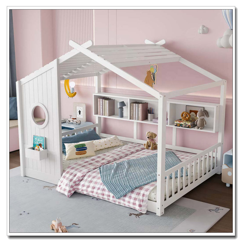 Lit de rangement avec tablette de rangement, Blanc, Lit double