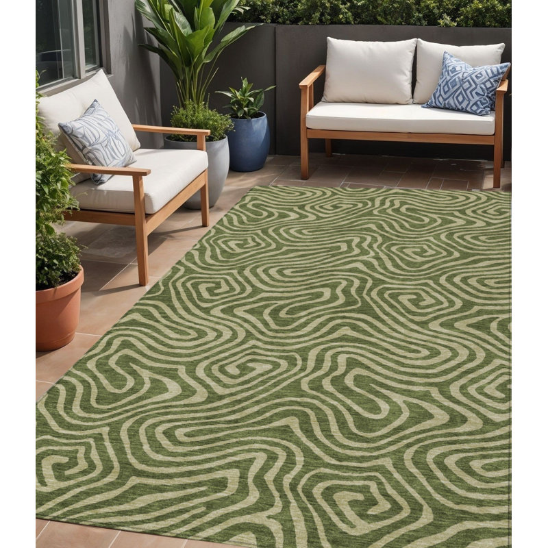 Tapis intérieur lavable abstrait vert olive et vert clair HomeRoots 5 pi x 8 pi