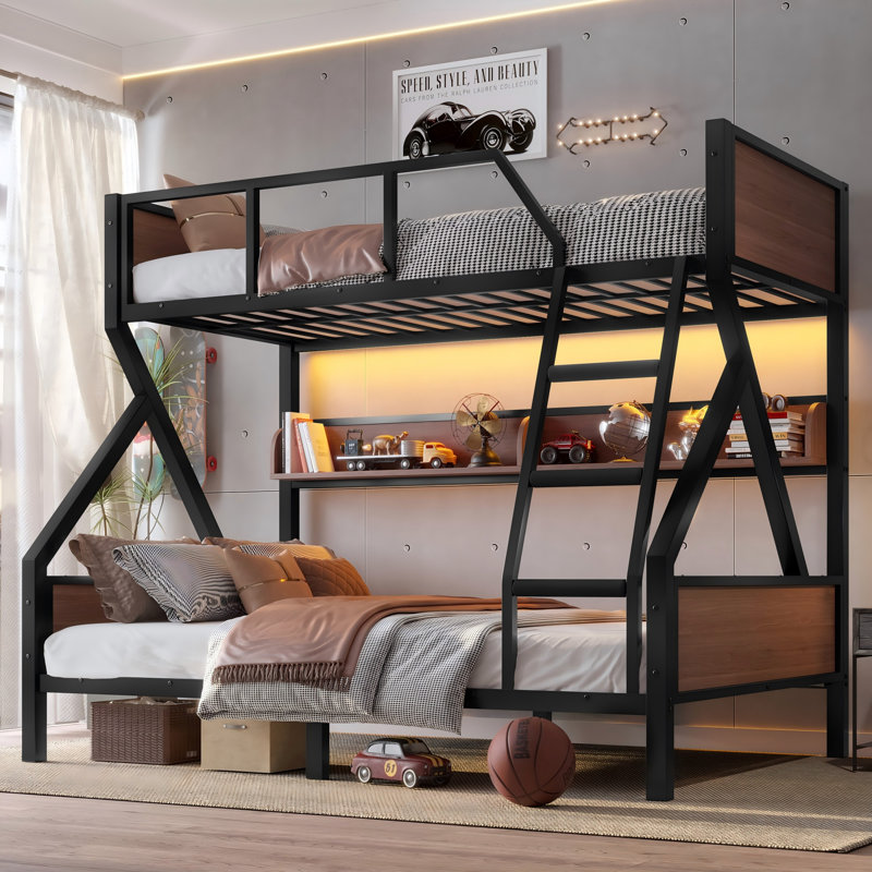 Lit simple superposé au dessus d'un lit double, lit superposé en métal avec tablettes de rangement et lumières, noir