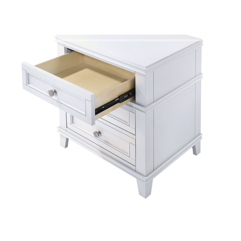3 Drawer Nightstand W/ USB 3 Storage Drawers USB Charging Port Poplar Solids Custom Hardware, White