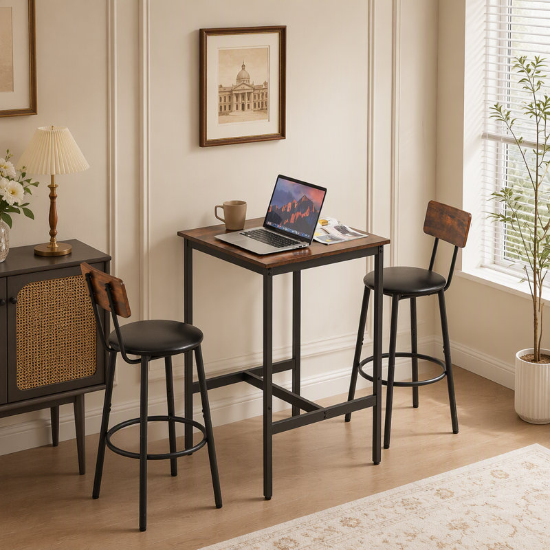 Ensemble de table de bar avec 2 tabourets de bar en polyuréthane avec dossier, brun rustique, l 23,62 po x P 23,62 po x H 35,43 po