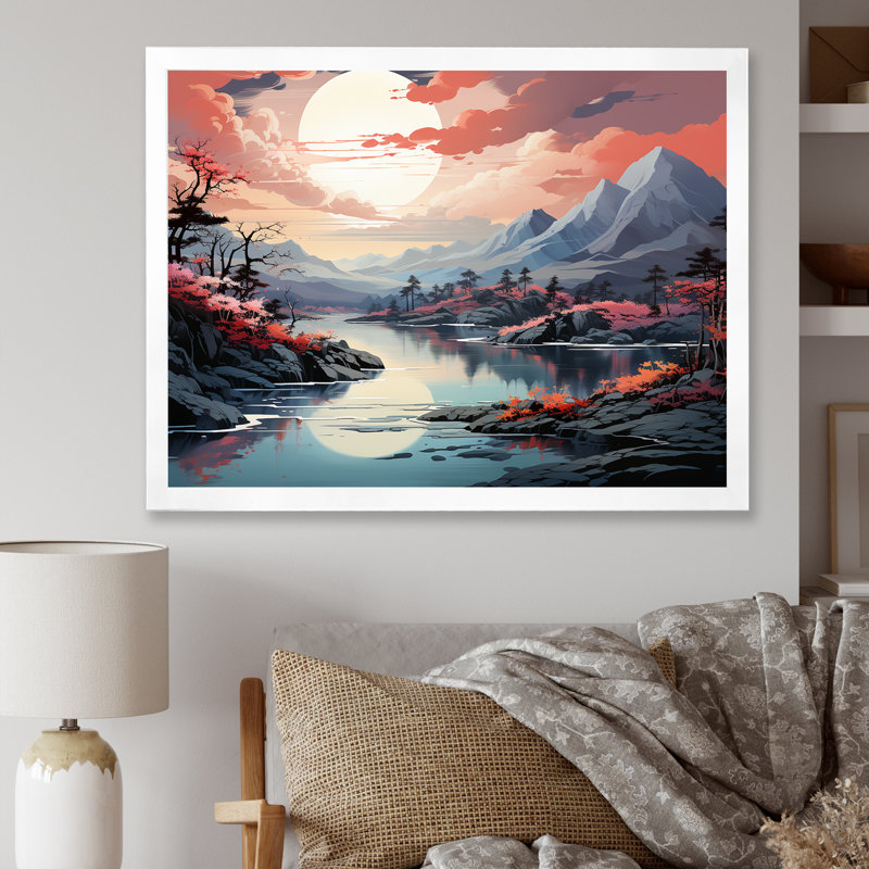 " River Mountain Scenery Minimalism ", White Single Picture Framed, 16" H x 32" W x 1" D