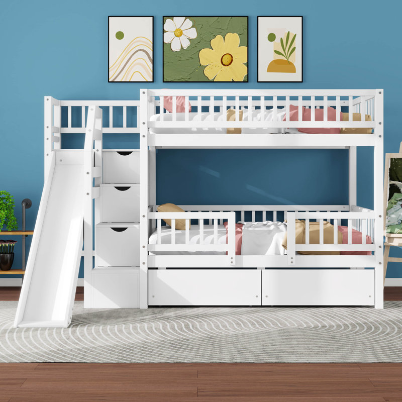 Lit superposé simple au-dessus de simple avec escalier et glissade, lit superposé en bois massif avec tiroirs de rangement pour enfants, aucun sommier nécessaire