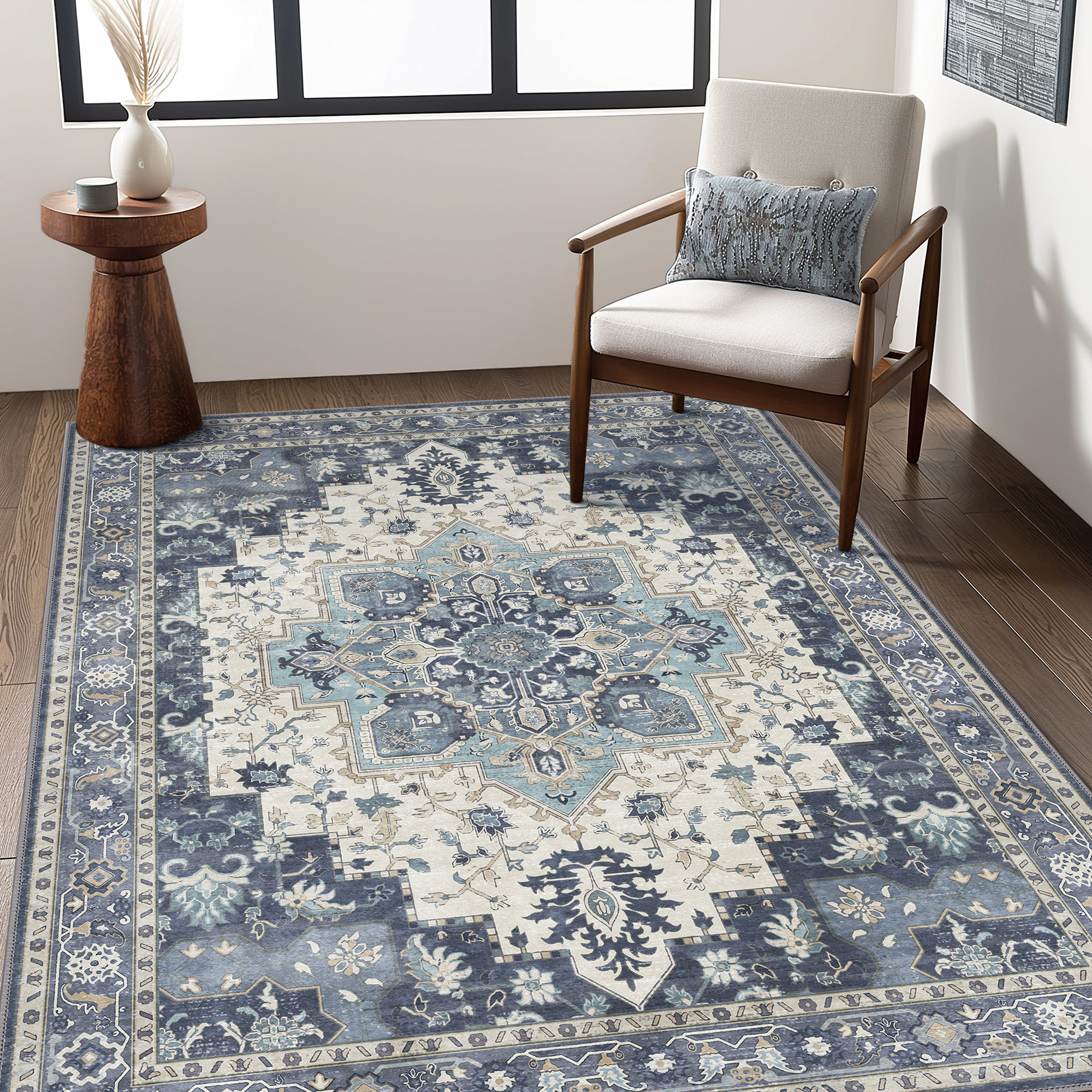 Oriental Blue Area Rug Vintage Washable Non-Slip Indoor Rugs