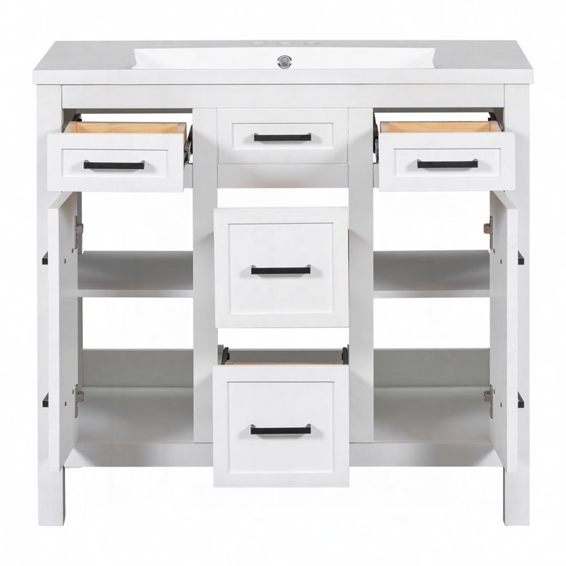 Armoire de salle de bain avec lavabo intégré en résine - 4 tiroirs, 2 portes, Blanc