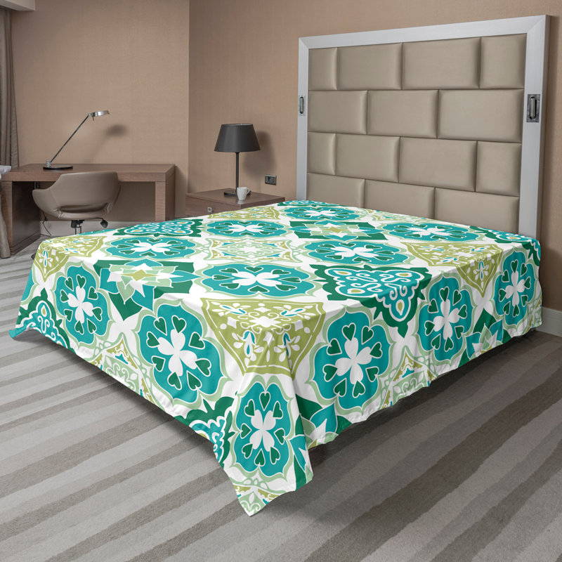 Ambesonne Top Flat Sheet Royal, Green Teal White Geometric 2, California King Flat Sheet