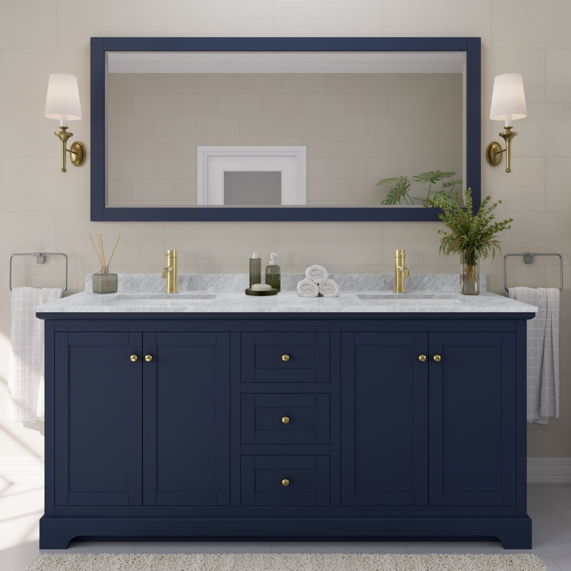 Ensemble de meuble-lavabo double 72 po Avery, Bleu foncé, Or brossé