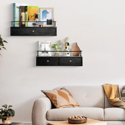 Ensemble de 2 tablettes flottantes avec tiroirs - Rangement mural, noir