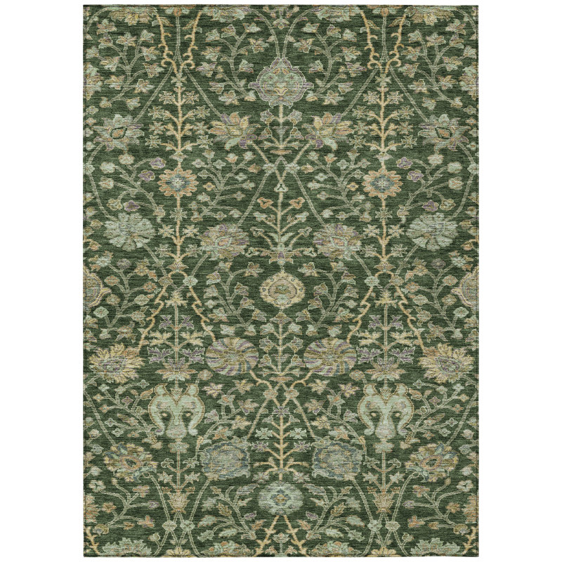 Green Floral Pattern Machine Washable Indoor Outdoor Rug