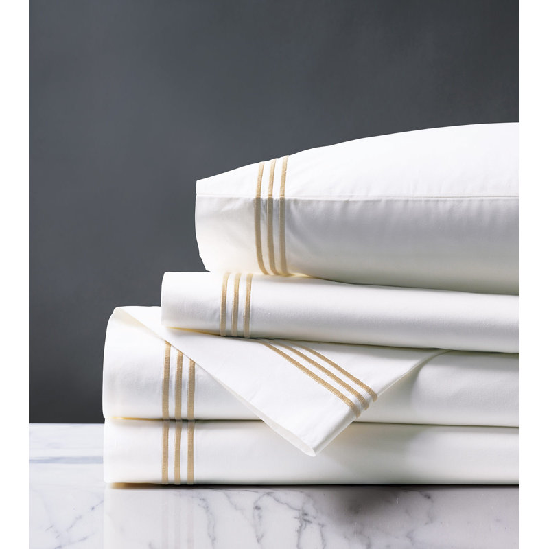 Tessa 100% Cotton Percale Sheet Set, White/Bisque, Queen Sheet Set + 2 Pillowcases