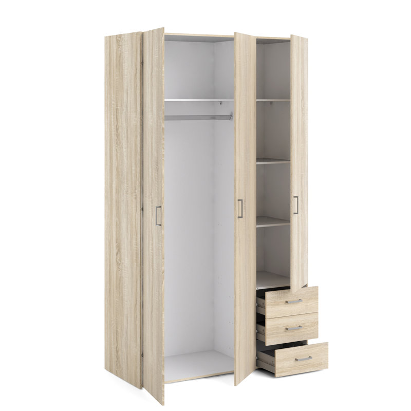 Wardrobe With Three Doors And Three Drawers, Brown, 200cm H x 116cm W x 50cm D