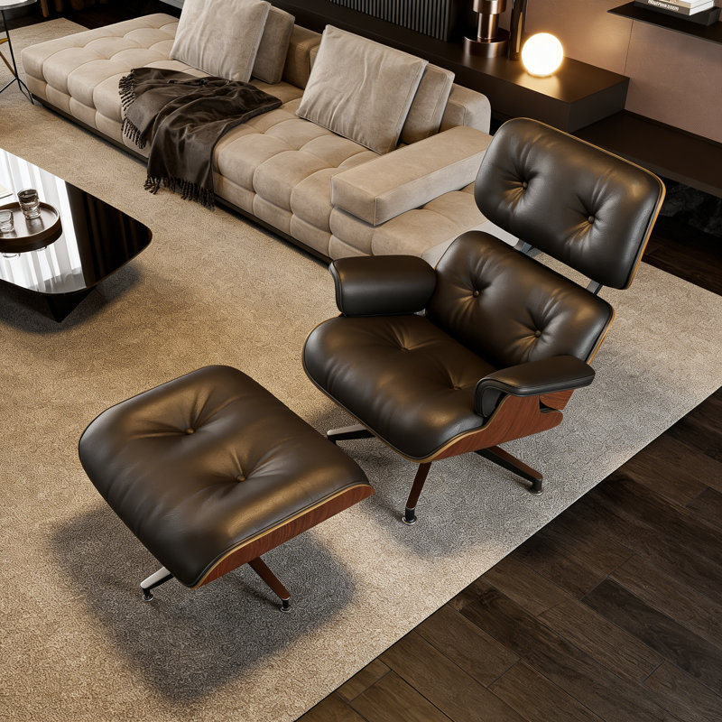 Mid Century Genuine Leather Lounge Chair With Ottoman, Solid Wood Frame, Strong Aluminum Legs, Memory Foam, Black/Dark Walnut