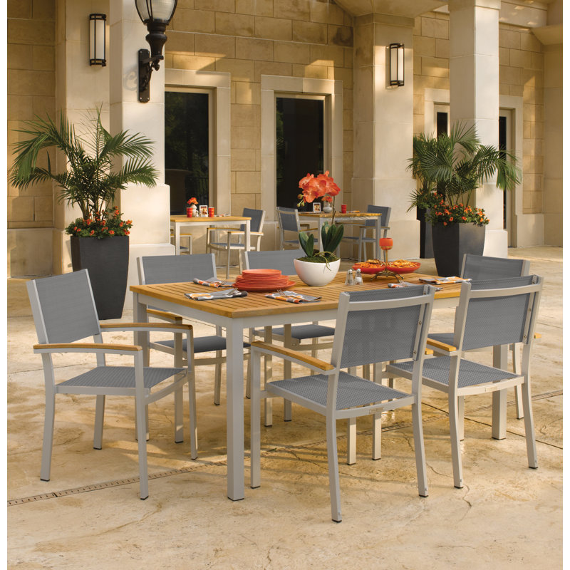 Travira 7-Piece Dining Set, Titanium Basketweave, Natural Teakwood