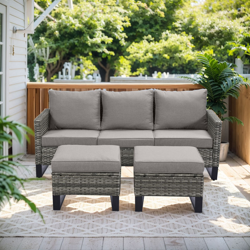 Naresa 3-Piece Outdoor Wicker Sofa Set  3-Seat Rattan Sofa & Ottomans Set, Gray